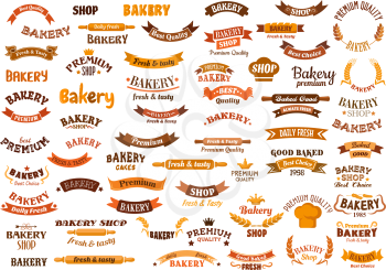 Bakery and pastry design elements with ribbon banners, wheat and rye ears, baker hats, rolling pins, crowns and stars. Isolated on  white