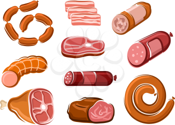 Tasty spicy salami, pepperoni, bologna and smoked pork sausages, bacon slices, ham, roast beef and raw beef steak in cartoon style, for butcher shop design
