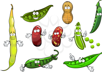 Funny green pods of sweet pea, common bean with mottled brown beans and peanut vegetables cartoon characters, for healthy vegetarian food design