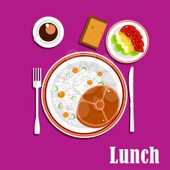 Healthy lunch icons with beef steak, rice and vegetables, tomato salad with cheese, cup of coffee and bread