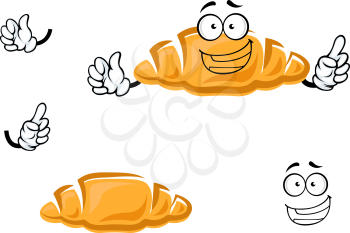 Fresh tasty french croissant cartoon character with golden crust and happy smile showing attention gesture, for bakery or pastry design