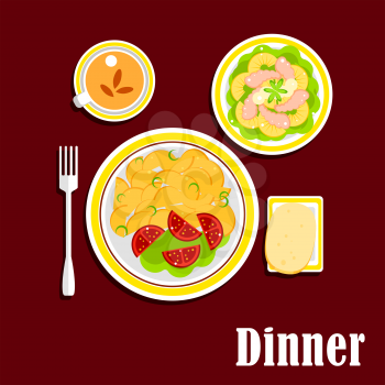 Appetizing dinner served on table with fried potatoes, fresh tomato vegetables, seafood salad with shrimp, pineapple and lettuce, wheat bread and cup of black tea