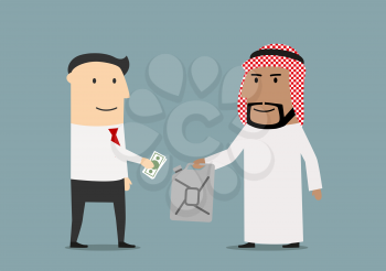European businessman with dollar bills buying oil jerrycan from arabian. For global market of oil resources, negotiation or deal themes design. Cartoon flat style