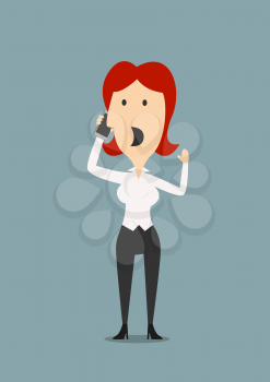 Cartoon worried businesswoman discusses contract on the phone. For business or communication concept themes