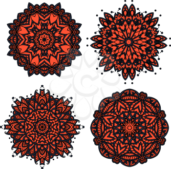 Red floral circular patterns of decorative leaves and petals with red and orange abstract ornament. For interior or textile design 