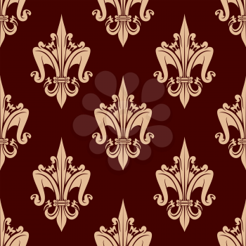 Fleur-de-lis floral seamless pattern with stylized beige lily flowers on brown carmine background. Interior wallpaper design