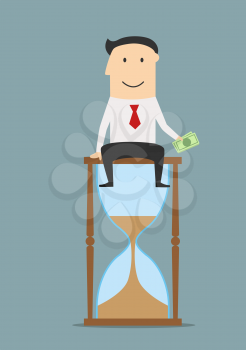 Cartoon smiling successful businessman sitting on a hourglass with money in hand. Time is money or success concept design