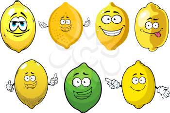 Fresh juicy yellow lemons and green lime fruits cartoon characters with happy faces. Isolated on white, cartoon style