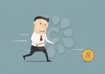 Smiling cartoon businessman pursuing a golden coin with fork and knife. For finance or wealth themes design