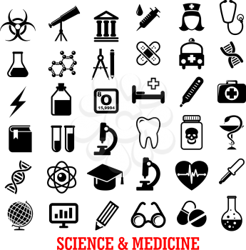 Science and medicine flat icons with ambulance, hospital, test tube, doctor, microscope, book, pills, dna, atom, flask, stethoscope, syringe, heart, cardiology, drugs, tooth, glass, globe and telescop