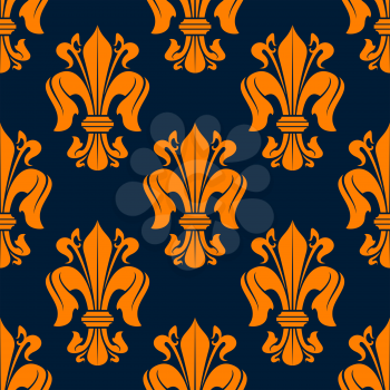 Royal fleur-de-lis floral seamless pattern with orange lily flowers on blue background. Luxury wallpaper or tile usage design