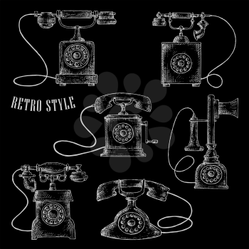 Retro telephones icons with rotary dials in chalk sketch style. Telecommunication and vintage concept usage