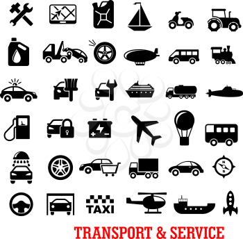 Transportation and car service black flat icons with car, truck, wheel, train, buses, ships, repair, motorcycle, airplane, helicopter, oil, taxi, tire, balloon, sale, wash, tow, sailboat, fuel station
