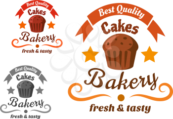 Fresh and tasty chocolate cake with dried fruits for pastry or bakery shop emblem design, decorated by ribbon banner, stars and swirls