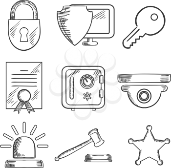 Security sketched icons set with padlock, computer security virus, certificate, key, police alarm, gavel and sheriff star. Sketch style
