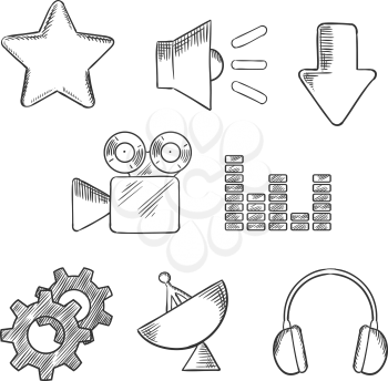 Media and sound sketched icons set with satellite, sound, movie, gears, audio, star and download elements. Sketch style objects