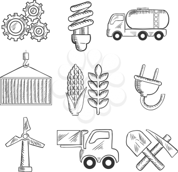 Energy and industry sketched icons with machinery, light bulb, mining, tank car, shipping, wind turbine, plug, forklift and agriculture symbols. Sketch style