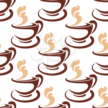 Steaming coffee cup seamless pattern with brown and beige cappuccino coffee mugs