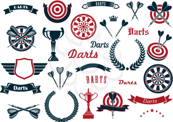 Darts sport game design elements and items with dartboard, arrow, trophy cup, heraldic laurel wreath, winged shield and ribbon banners, stars, crowns. For sports design usage