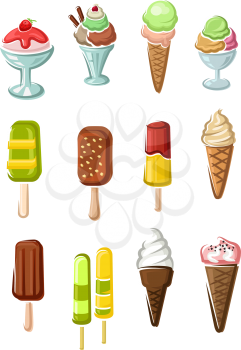 Tasty sweet ice cream cones with colorful scoops, chocolate ice cream on sticks with nuts, sundae desserts with fresh strawberry fruits and fruity popsicles. Nice for dessert menu, cafe emblem or food