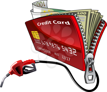 Full of money open red credit card with connected gasoline pump nozzle. Oil industry, banking service, oil price or filling station theme design usage