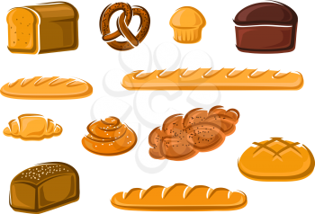 Healthy natural whole grain, wheat and rye loaves of bread, french baguette and croissant, sweet cake, cinnamon and plaited buns, bavarian pretzel. Bakery and pastry products for emblem, signboard or 