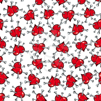 Seamless vector pattern of scattered red hearts studded with nails symbolic of heartbreak and unhappiness in love or of ill health and heart problems