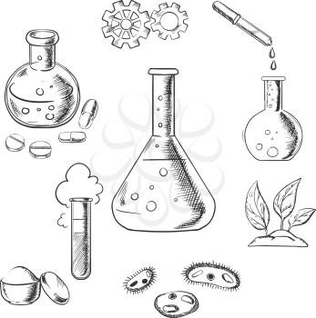 Experiment and scientific design with a cloud of vapor with gear wheels above a conical flask with additional glassware for pharmaceutical, chemical, botanical and medical research. Sketch style vecto