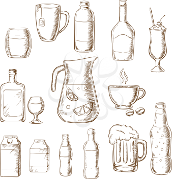 Assorted beverages and drinks icons including fruit juice, beer, soda, beer, alcohol, champagne, milkshake, liquor, milk, coffee, liqueur. Sketch style icons