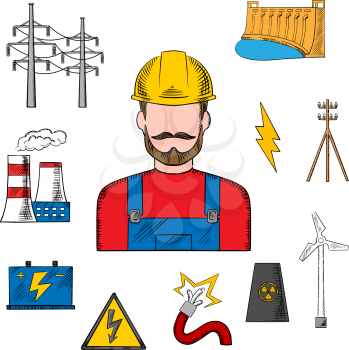 Electricity power industry sketch design with electric station, hydro and wind energy, nuclear power plant, power lines and pylon, battery and danger warning sign with professional electrician in a he