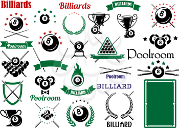 Billiards game and poolroom design elements for sporting emblems templates  with crossed cues, table, trophies and balls with stars and flame, heraldic shield, laurel wreaths and ribbon banners 