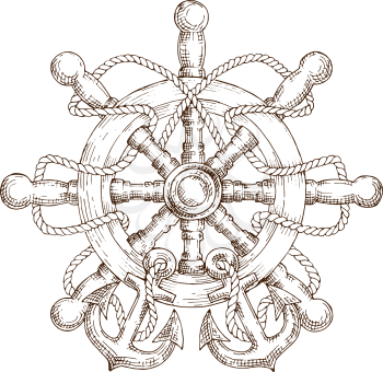 Sketch of wooden nautical helm entwined by rope with anchors. Use as navy emblem,travel or marine design