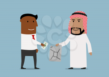 Global market of oil resources, sale transaction, international business theme. Smiling cartoon arab businessman selling oil jerrycan to african american businessman