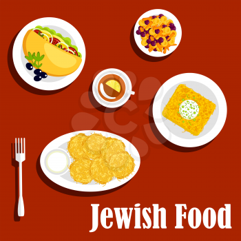 Traditional vegetarian jewish food menu icons with potato pancakes, sour cream, kugel noodle casserole, falafel sandwich filled with fresh vegetables and olives, stewed baby carrots with dried fruits,
