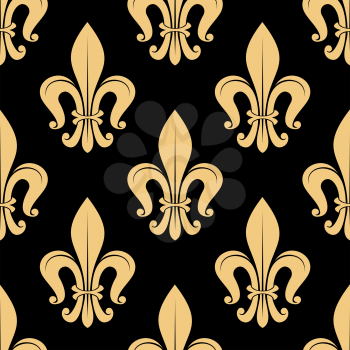 Seamless golden fleur-de-lis pattern on black background with ornamental leaves in victorian medieval style. Luxury wallpaper, interior accessories or upholstery design usage