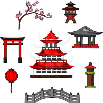 Japan travel and culture icons of traditional japanese pagoda with red roof surrounded by sakura blossoms, torii gate, paper lantern, columns, temple and bridge