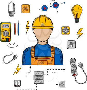 Electrician profession icons with electric man in yellow hard hat, electrical household supplies, electric tools and equipments symbols. For industrial design usage
