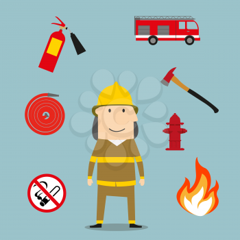 Firefighter profession icons with fireman in red protective helmet and suit, flanked by fire axe, conical bucket and shovel, extinguisher and fire alarm, hydrant and prohibition sign