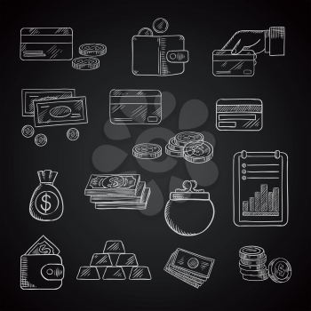 Finance, business and money chalk icons of dollar bills and golden coins, stack of gold bars, wallet, money bag, bank credit cards and financial report on blackboard