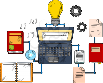 Web education or e-learning technology icons with laptop computer and light bulb surrounded by a variety of interconnected books