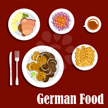 Popular national german cuisine menu dishes with fried liver served with baked apples, schnitzel with gravy and boiled potatoes, red cabbage salad topped with grated carrots and cup of tea with walnut