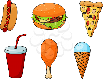 Traditional fast food pizza, topped with sausages, cheese, mushrooms and olives, cheeseburger with fresh vegetables, hot dog, flavored with mustard, fried chicken leg, paper cup of soda and mint ice c