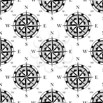 Black and white nautical navigation compass seamless pattern background with vintage compass rose, for travel design
