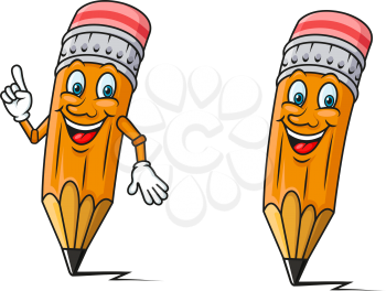 Smiling yellow pencils cartoon characters with red erasers and pointing gesture, for education or back to school concept design