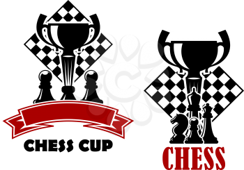 Chess cup tournament emblems or logo design templates showing turned chessboards with trophy cups and black pawns, king, queen, knight pieces decorated blank red ribbon banner