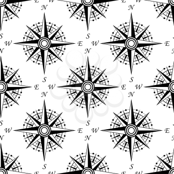 Black and white nautical compass seamless pattern with vintage dials, for marine background or wallpaper design