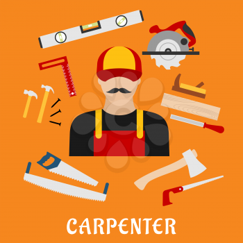 Carpenter and his toolbox tools with hammer, file, axe, nails, handsaw, hacksaw, ruler, plane and measuring level