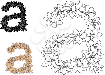 Isolated lowercase floral letter a with flowers, herbs and leaves. Retro style