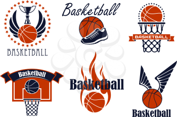 Basketball game sport icons and symbols with winged and flaming ball, shoes, ring and trophy cup