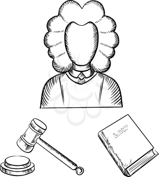 Judge in traditional mantle and wig, gavel and law book icons in outline sketch style